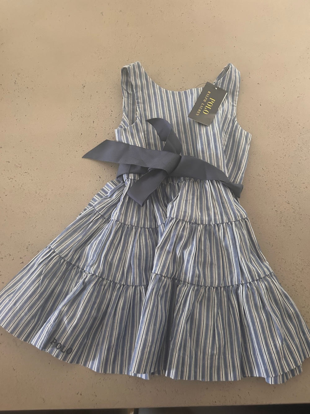 Ralph Lauren Blue and White Striped Tiered Dress with Navy Ribbon